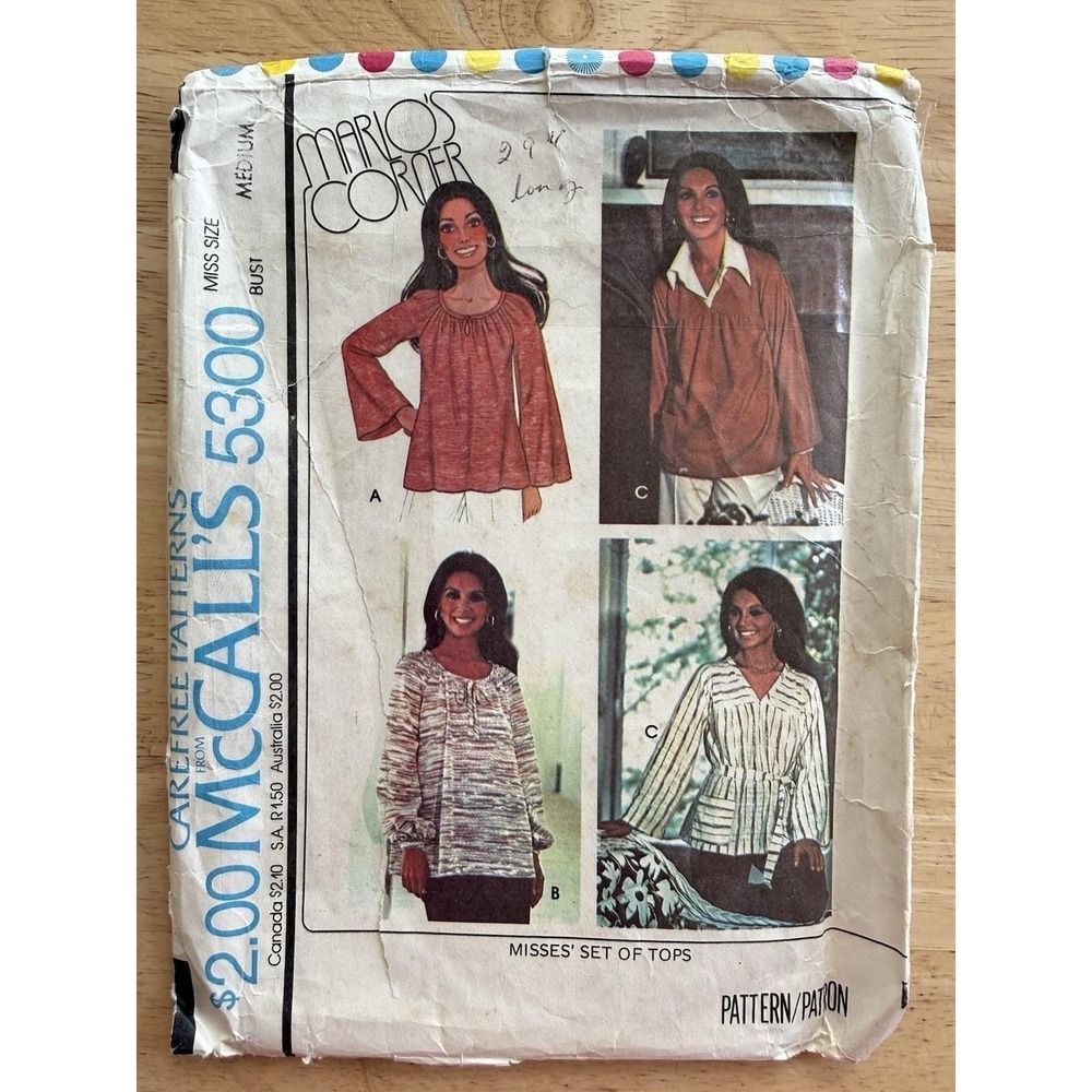 McCall's Marlo's Corner Pattern 5300 Misses' 1970s Set of Tops Blouse Shirt Sz M